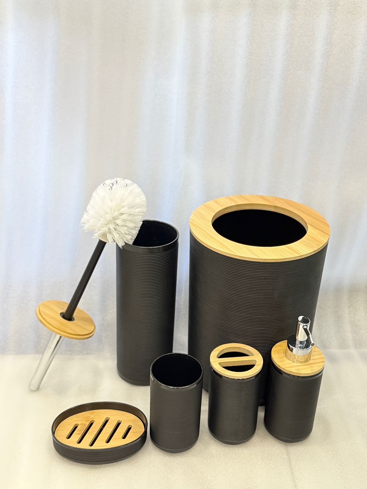 Premium Black 6 Pcs Bathroom Accessories Set with Bamboo Accents – Modern Luxury