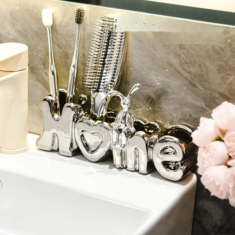 “HOME” Ceramic Toothbrush Holder – Cute & Decorative Bathroom Organizer