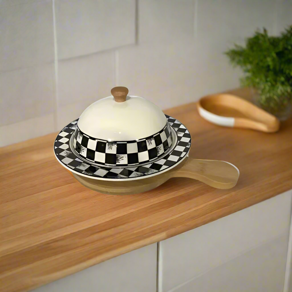 Ceramic Checkered Serving Dish With Bamboo Liner