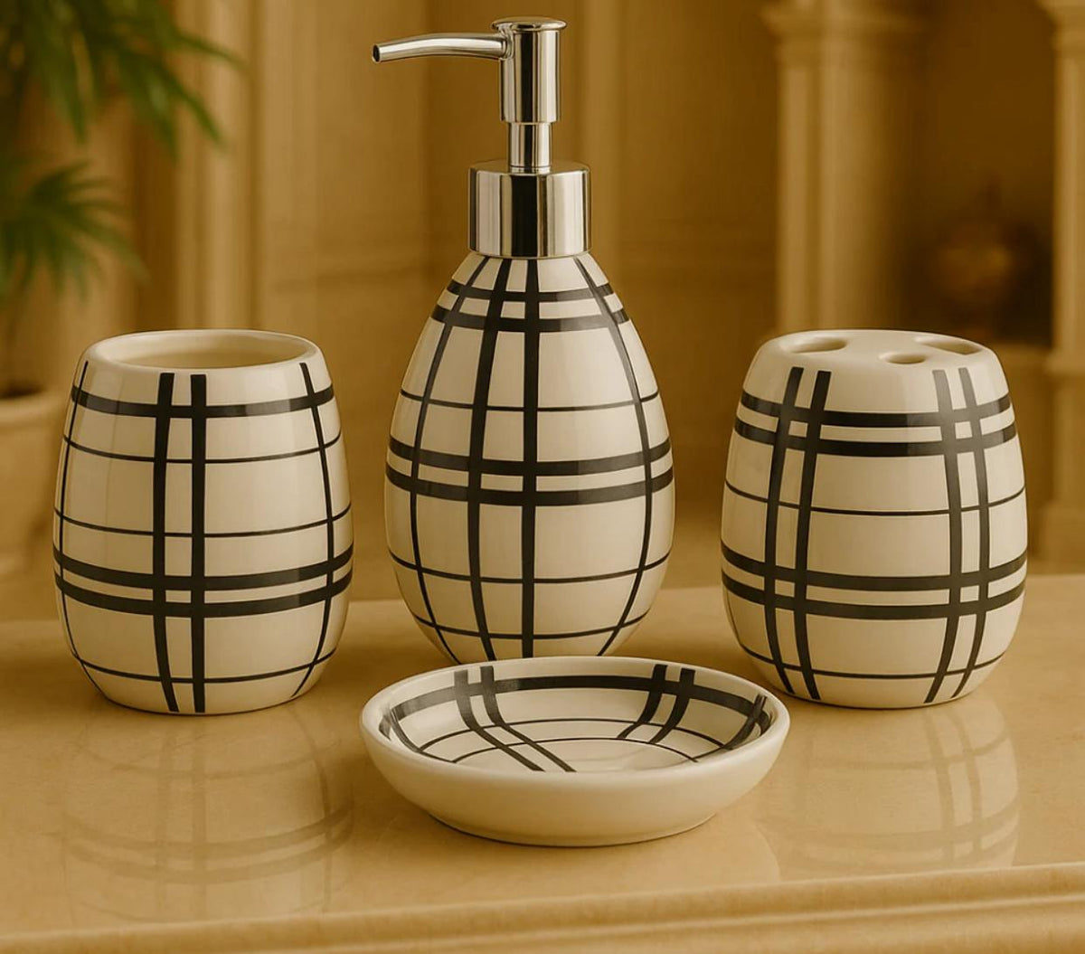 Classic Plaid Ceramic Bathroom Set – 4-Piece Organizer