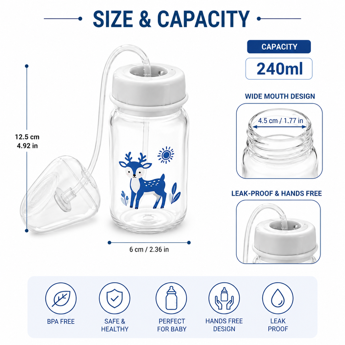 Hands Free Baby Feeding Bottle 150ml – Anti Colic, BPA Free Self Feeding Bottle with Silicone Tube
