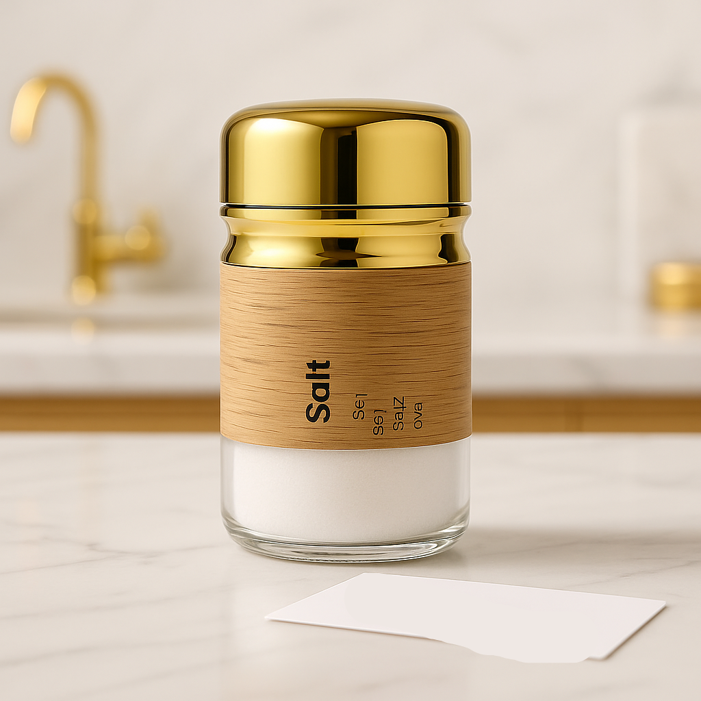 Luxury Gold Salt Shaker Jar – Glass Spice Container with Wood Print