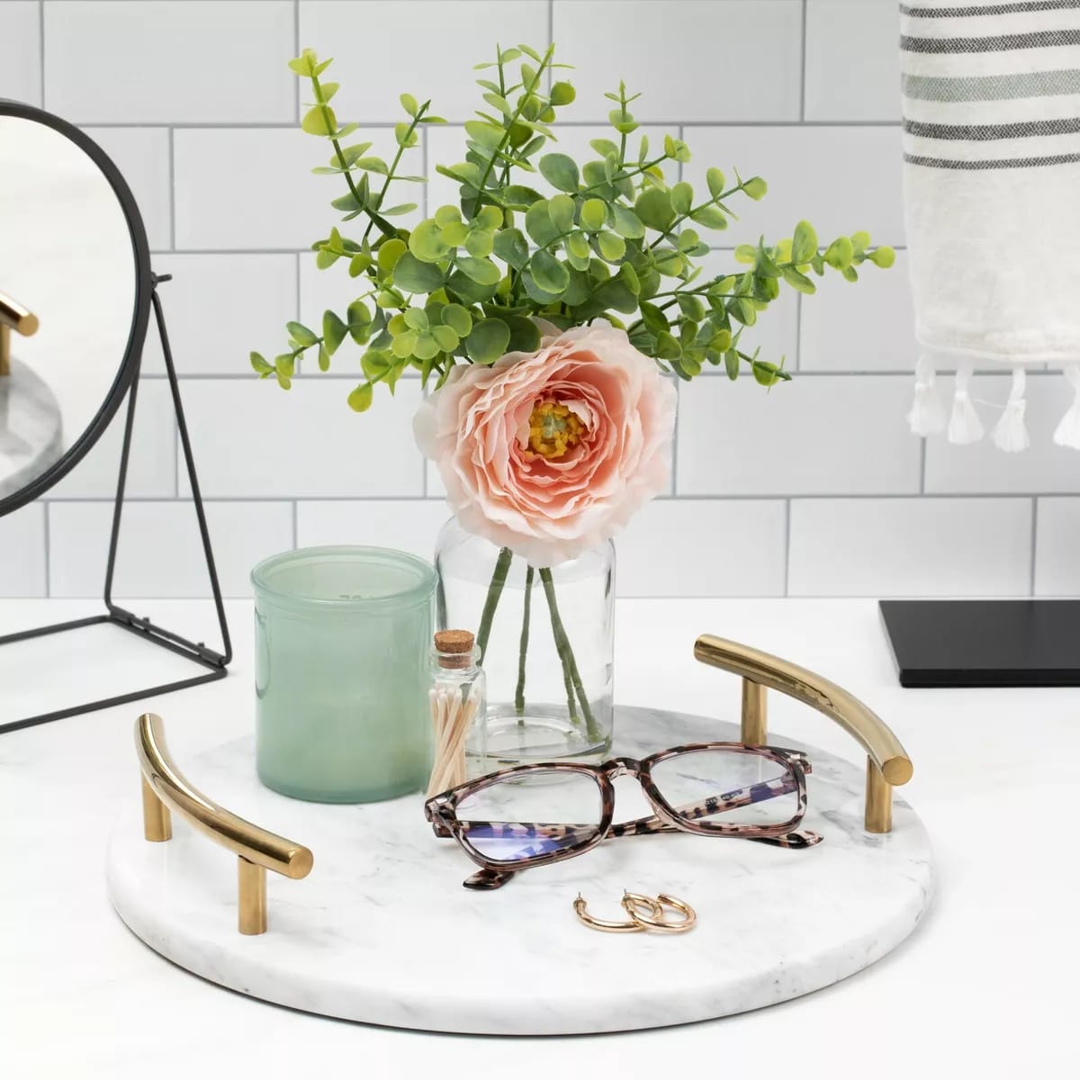 Round White Marble Tray With Gold Handle