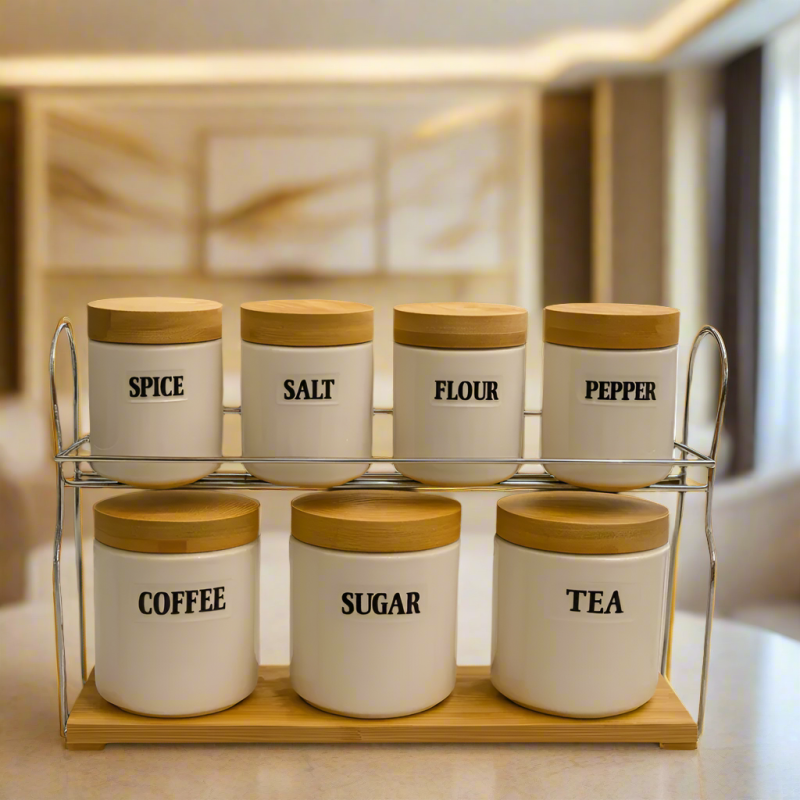 7-Piece Ceramic Storage Jar Set – Bamboo Lids with Metal Organizer Rack