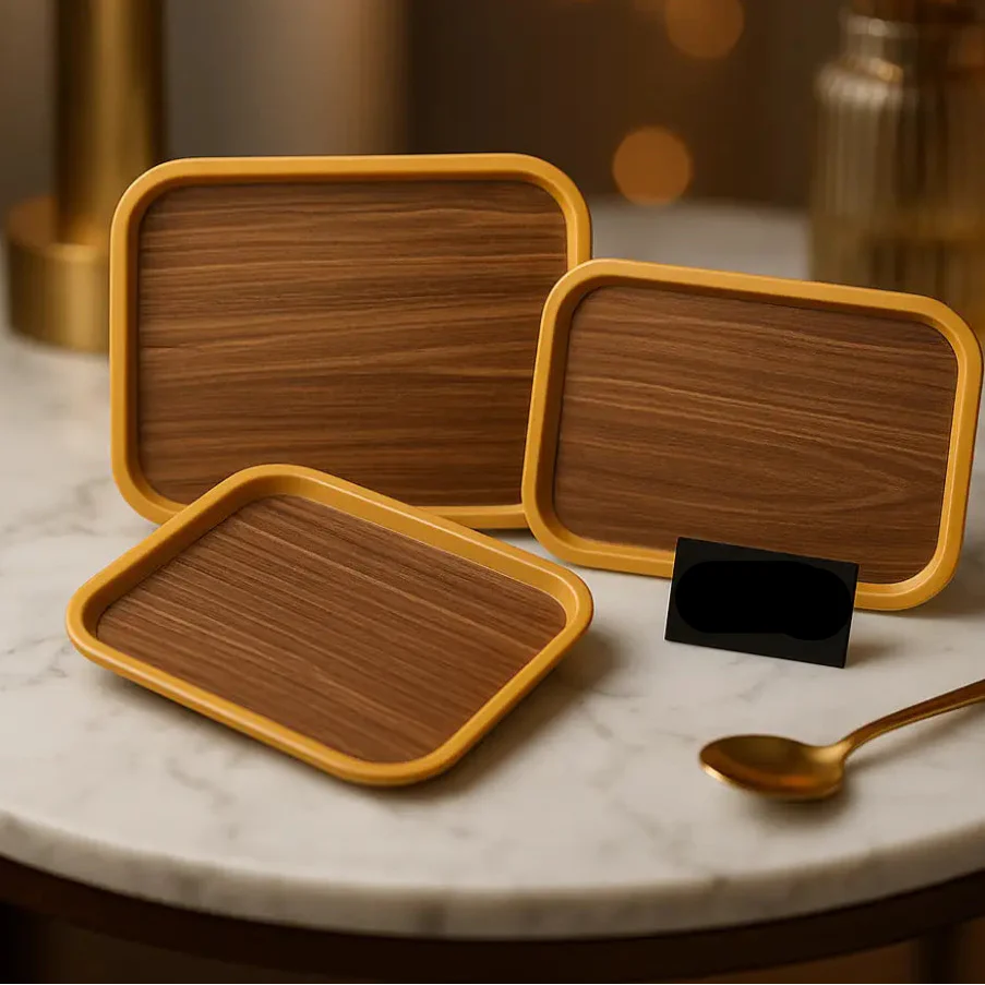 Luxury Fiber Serving Trays – 3-Piece Rectangular Set with Golden Borders