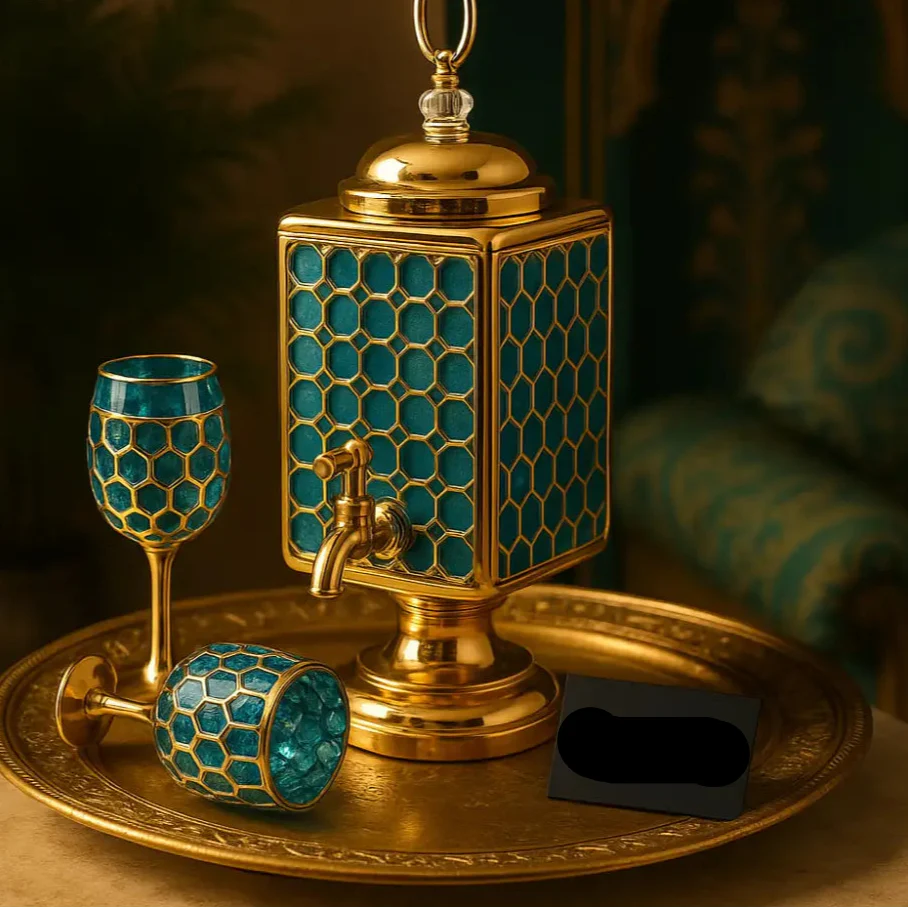Luxury Turquoise & Gold Beverage Dispenser Set – 7-Piece Premium Drinkware