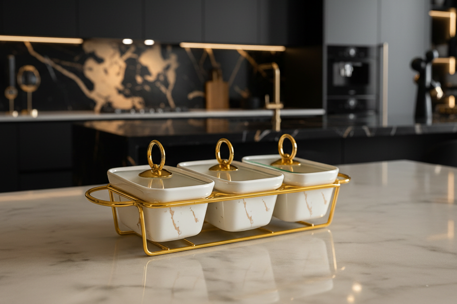 Elegant Luxurious 3-Piece Marble Serving Dish With Golden Stand