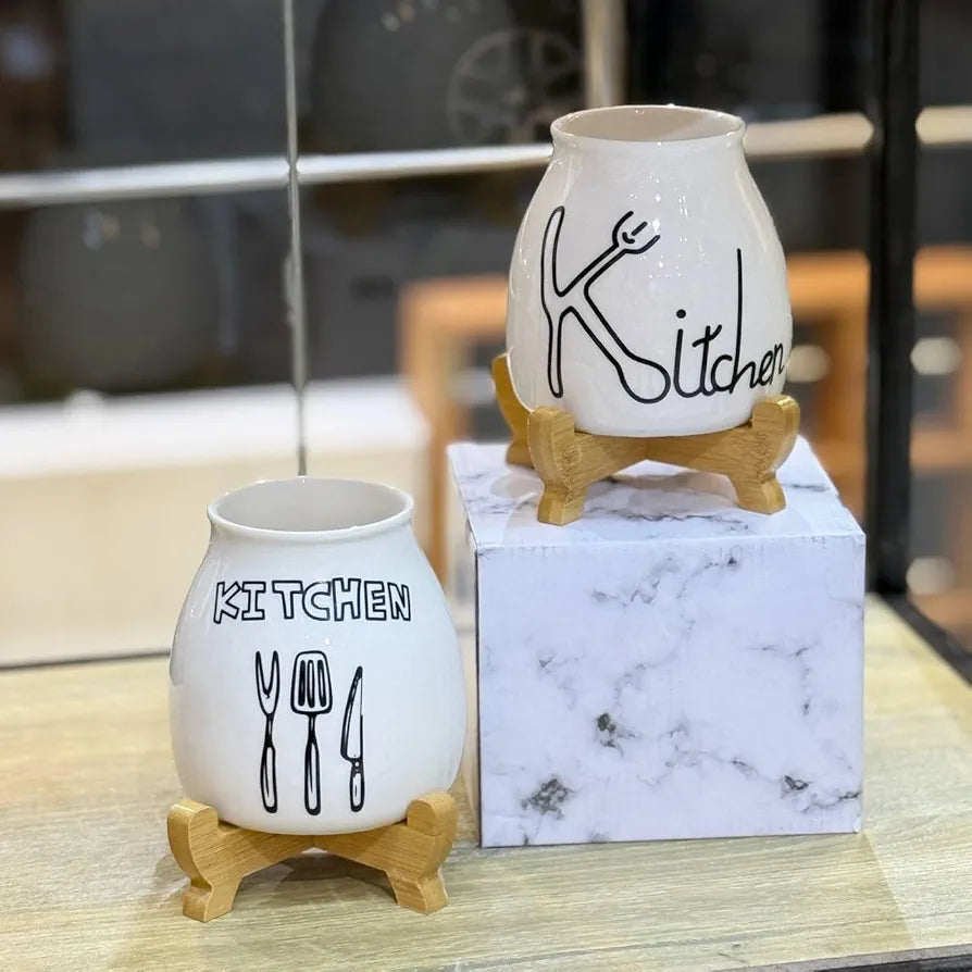 Ceramic Utensil Holder Set with Wooden Base