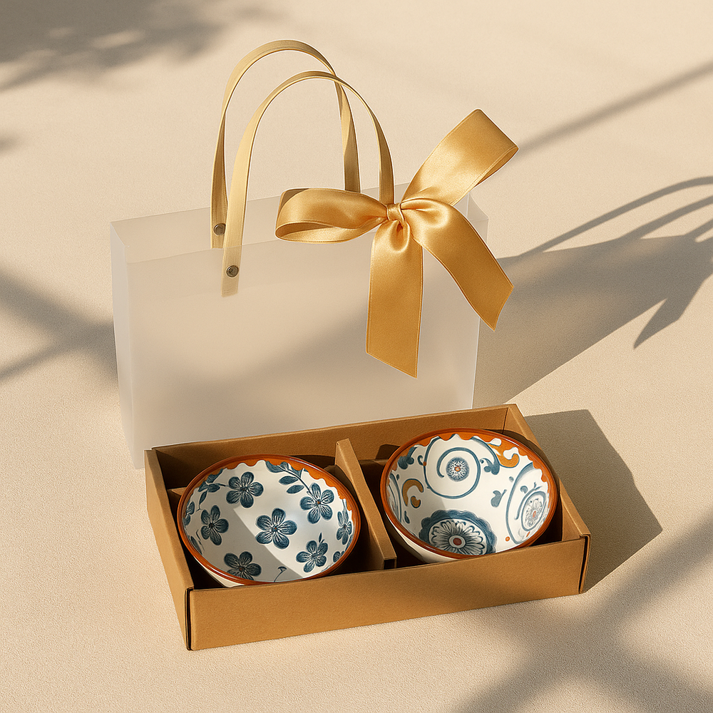 2-Pieces Elegant Japanese Ceramic Bowls Accompanied by a Golden Ribbon Bag