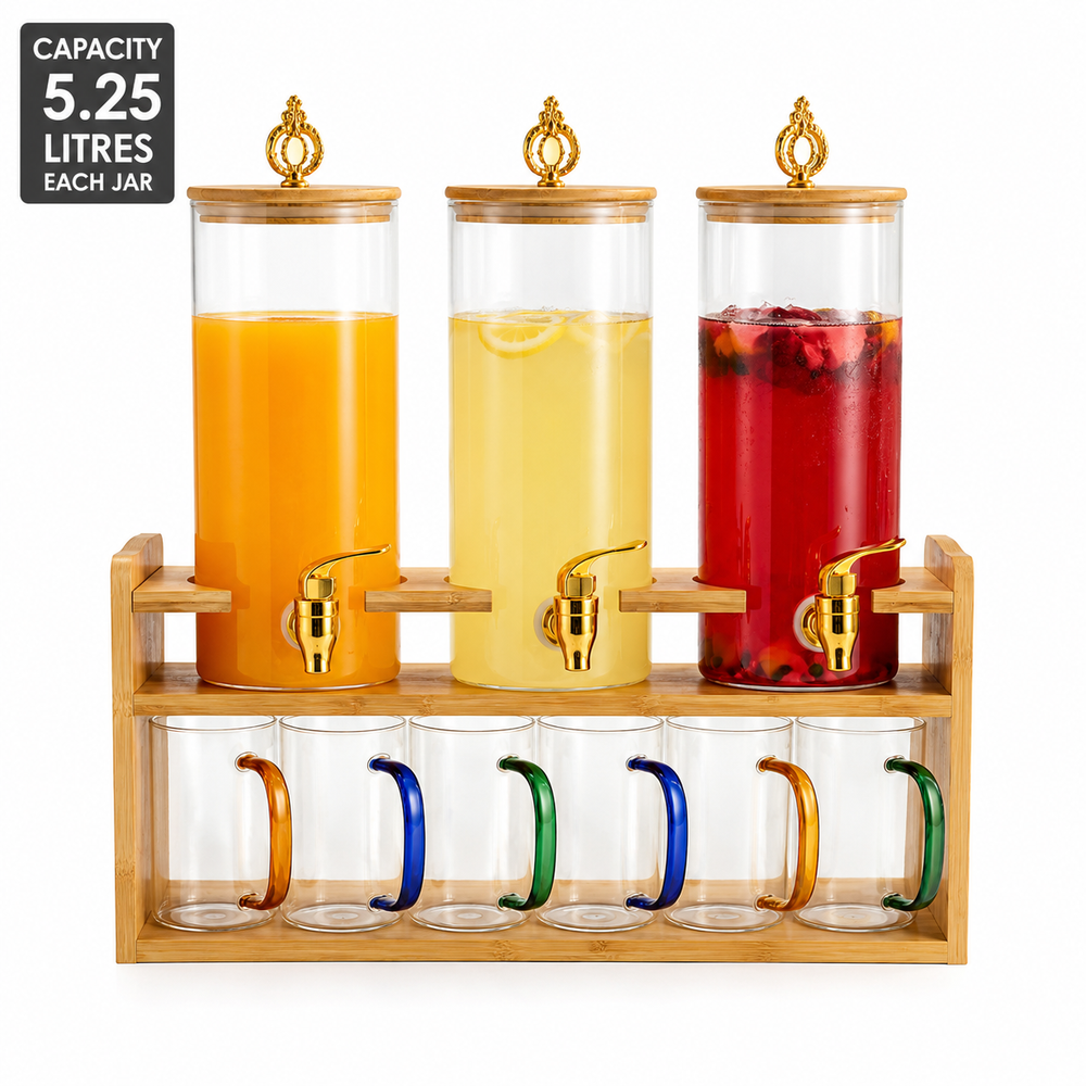 Triple Glass Beverage Dispenser With Bamboo Stand & 6Pcs Glasses Set
