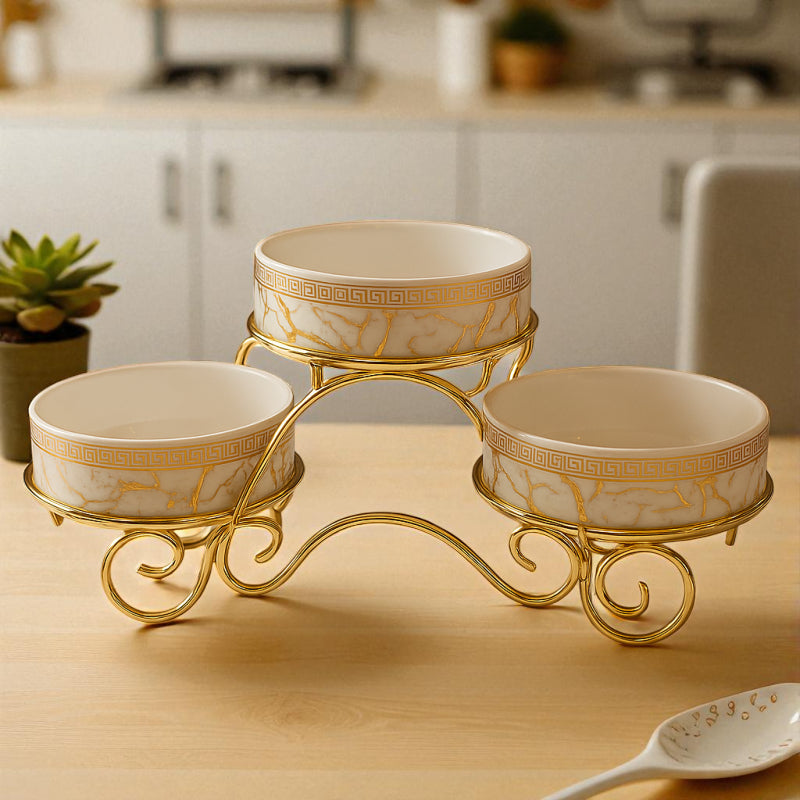 Elegant Luxurious 3-Tier Ceramic Serving Bowl With Gold Stand