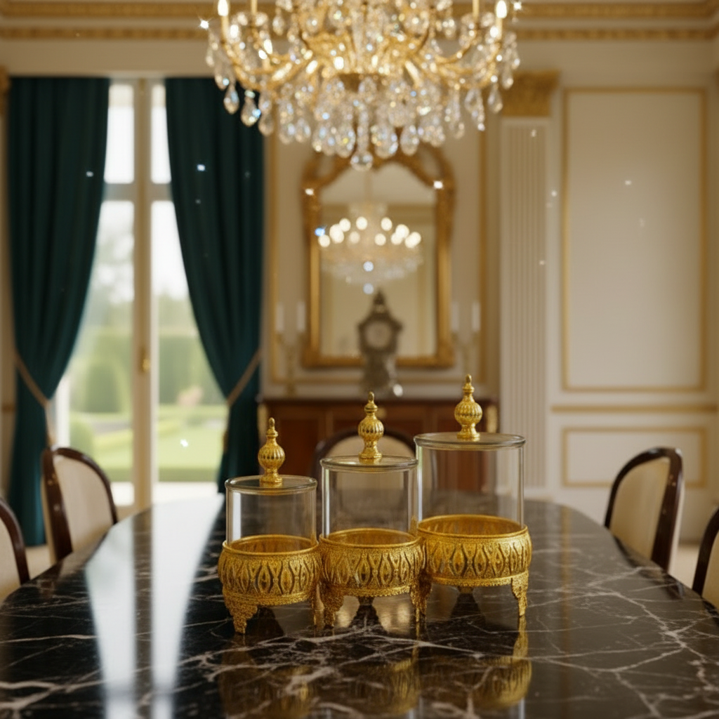 3- Luxurious Gold Pedestal Jars Set Premium Quality