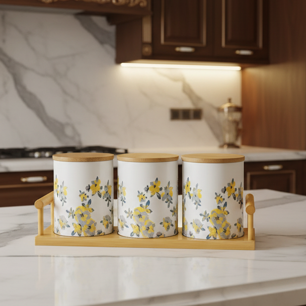 3-Piece Ceramic Jar Set With Floral Pattern And Bamboo Lids Bamboo Tray