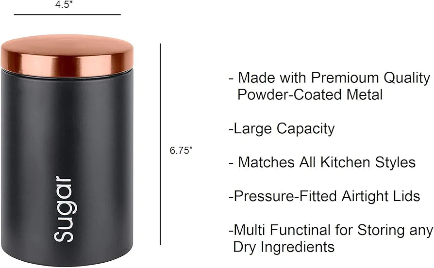 3-Piece Kovot Matte Black Metal Kitchen Storage Canisters With Copper-Colored Lids