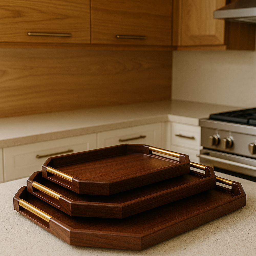 3-Piece Premium Wooden Serving Wooden Tray Set With Gold Handles