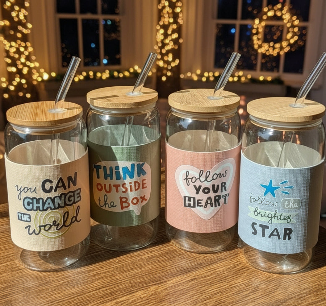 Quotes Design Glass Water Cup With Straw And Bamboo Wood Lid 450 ML