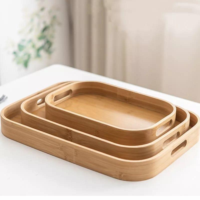 Bamboo Serving Tray With Handle - Set of 3