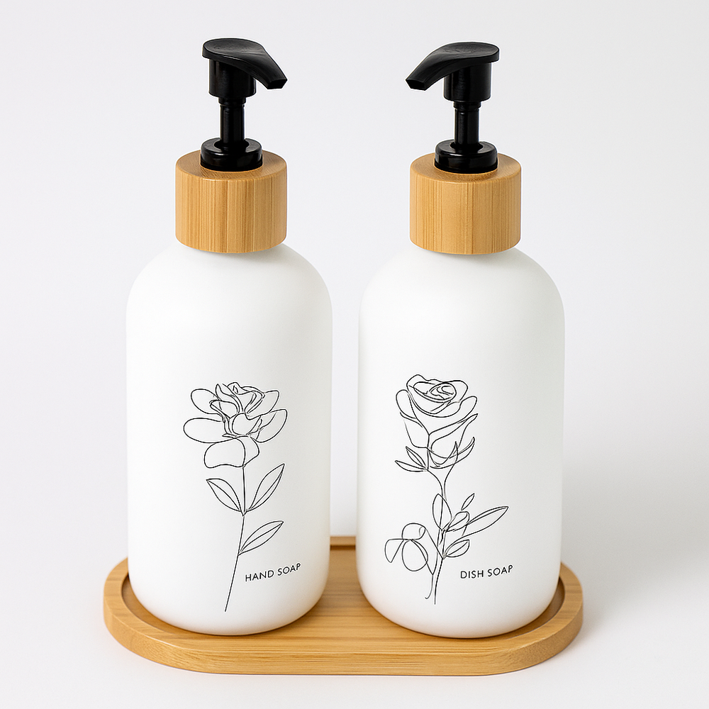 Frosted Glass Soap Dispenser Set Accompanied by Bamboo Tray