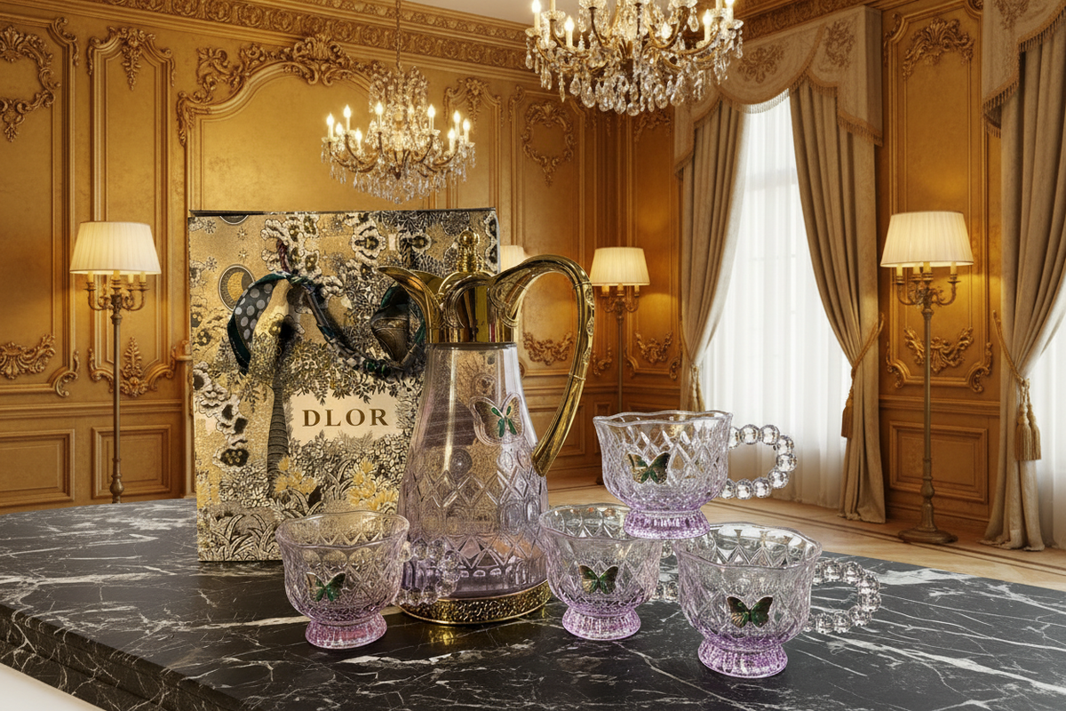 Turkish Luxurious Dining Table DLOR Butterfly Logo Jug And Glasses Set With Gift Box Packing