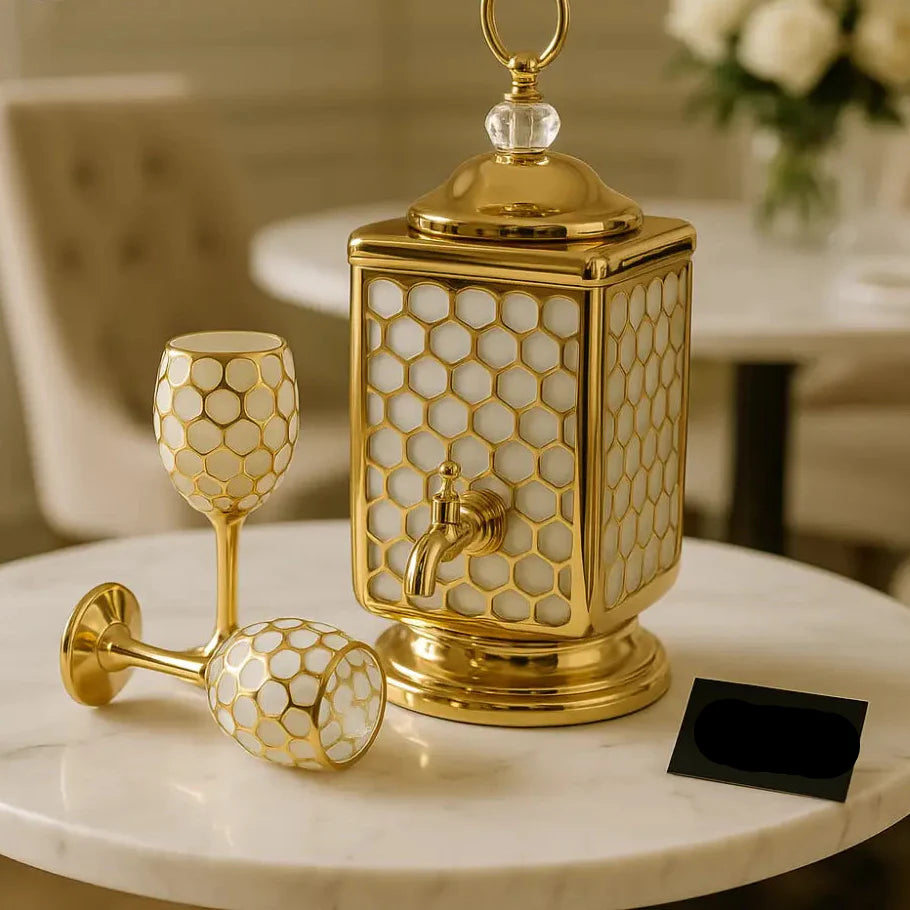 Royal Honeycomb Gold Beverage Dispenser Set with 6 Glasses – Luxury Drinkware Collection