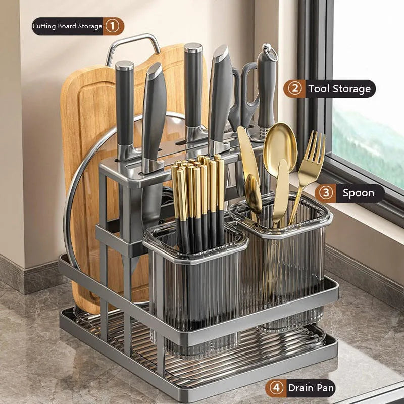 Multifunctional Kitchen Knife Holder and Utensil Organizer Rack