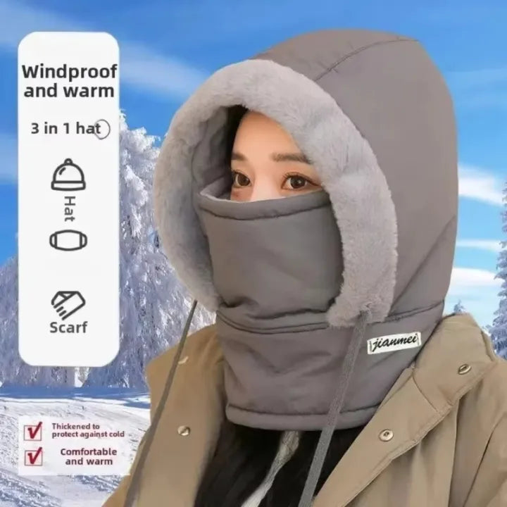 3-In-1 Thickened Fleece Winter Hat with Face Mask and Hood