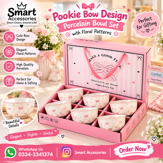Pookie Bow Design Porcelain Bowl Set with Floral Patterns