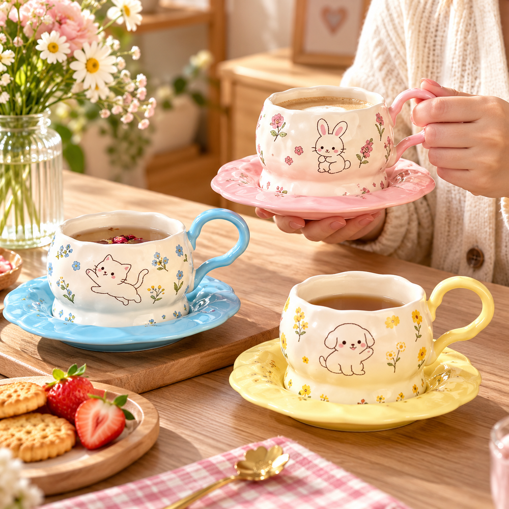 Floral Animal Print Coffee Cup With Saucer Set