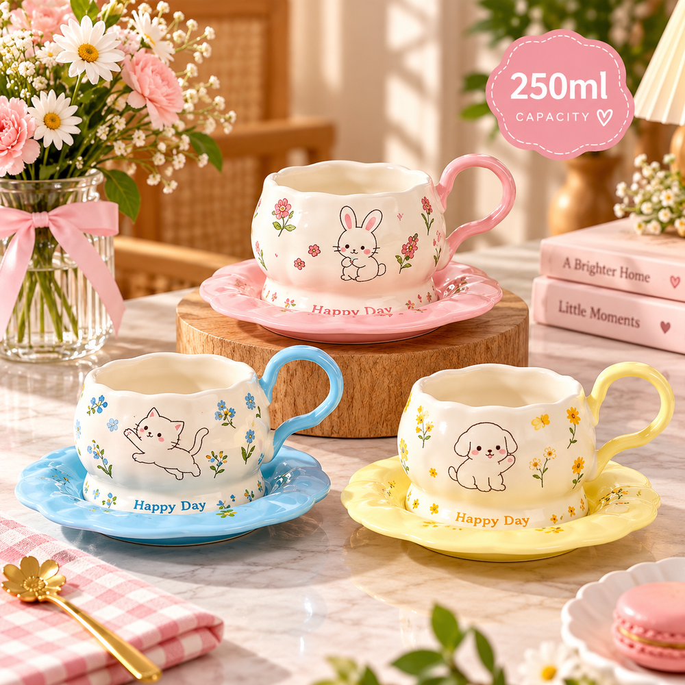 Floral Animal Print Coffee Cup With Saucer Set