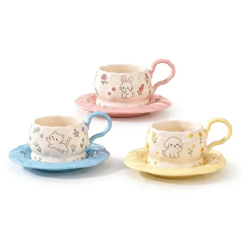 Floral Animal Print Coffee Cup With Saucer Set