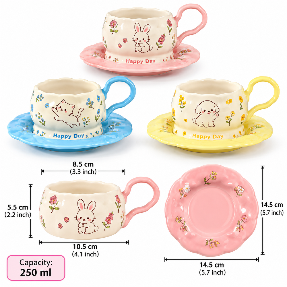 Floral Animal Print Coffee Cup With Saucer Set