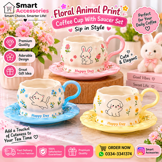 Floral Animal Print Coffee Cup With Saucer Set