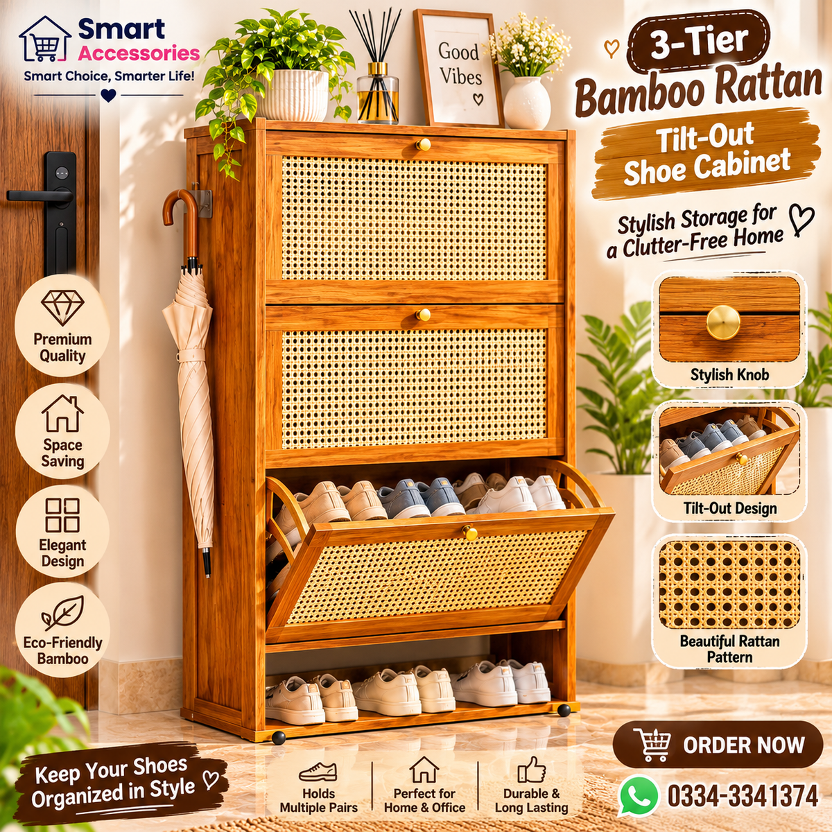 3-Tier Bamboo Wooden Multifunctional Storage Cabinet