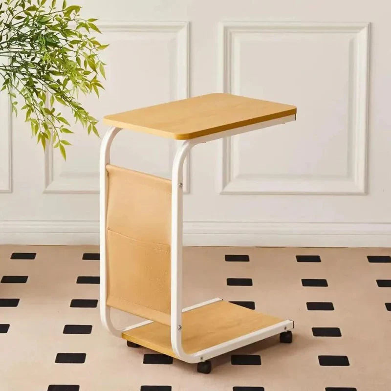 Portable Side Table With Storage Pocket & Rolling Wheels