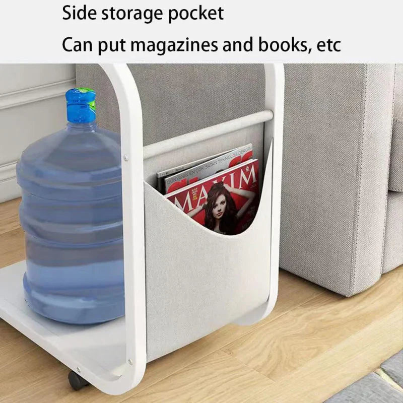 Portable Side Table With Storage Pocket & Rolling Wheels