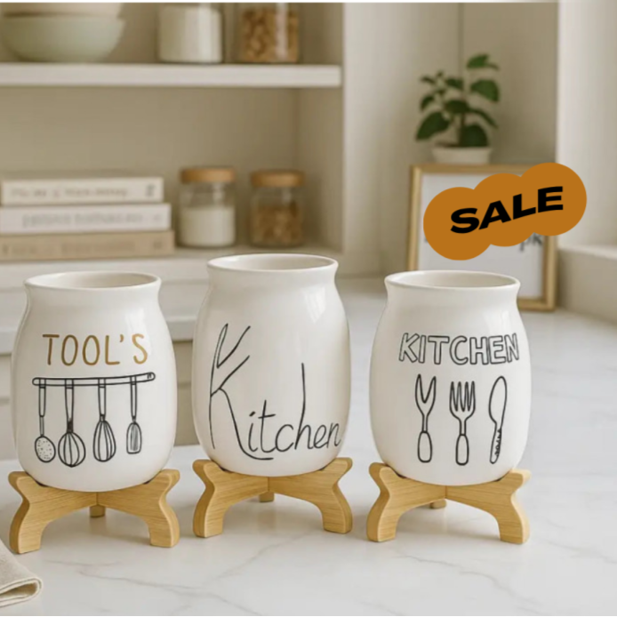 Ceramic Utensil Holder Set with Wooden Base – Stylish Kitchen Storage Solution