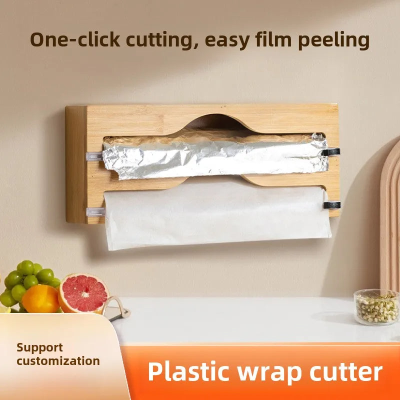 Kitchen 3 In 1 Bamboo Arc Wrap Dispenser Storage For Aluminum Foil With Cutter Cling Film Holder Kitchen Accessories Organizer