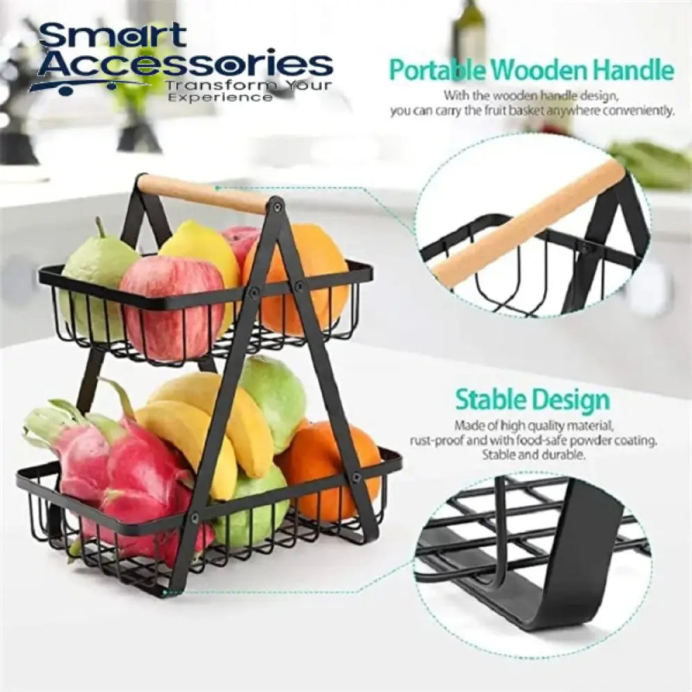 2-Tier Countertop Fruit Basket Storage Vegetable Rack For Kitchen Black