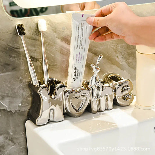 “HOME” Ceramic Toothbrush Holder – Cute & Decorative Bathroom Organizer