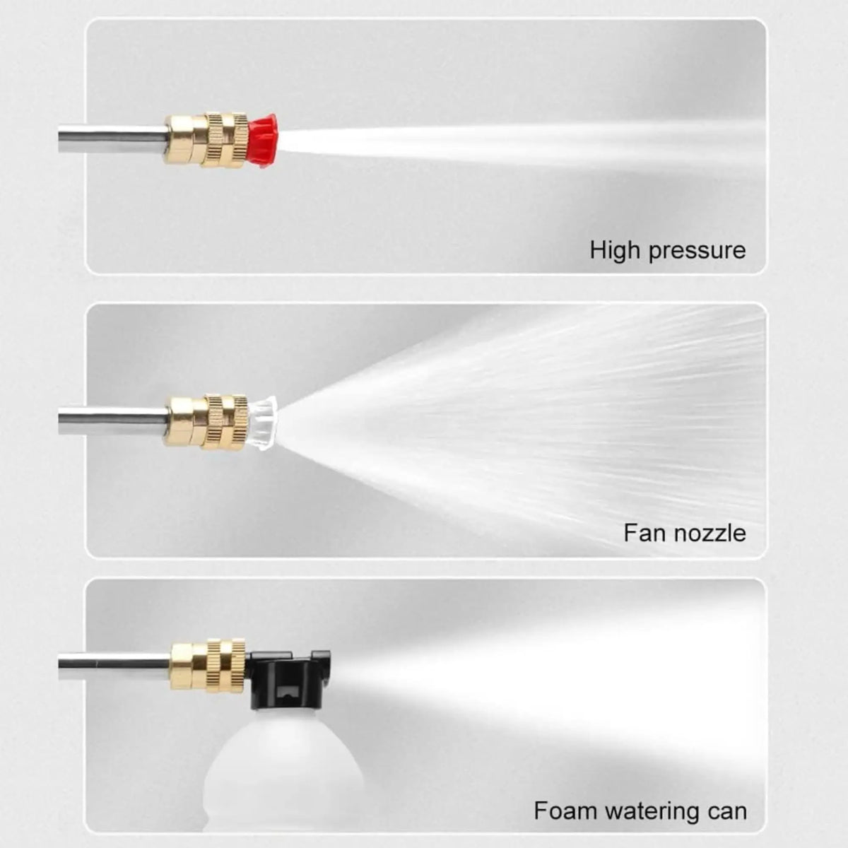 Three different nozzles for a high-pressure washer on a gray background.