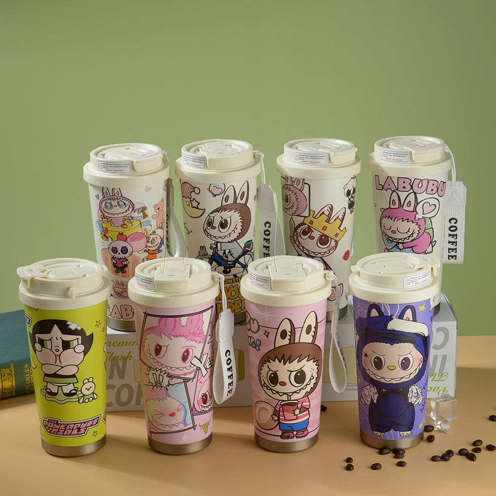 "Labubu Cute Cartoon Coffee Thermos – Leakproof Portable Travel Mug with Lid"