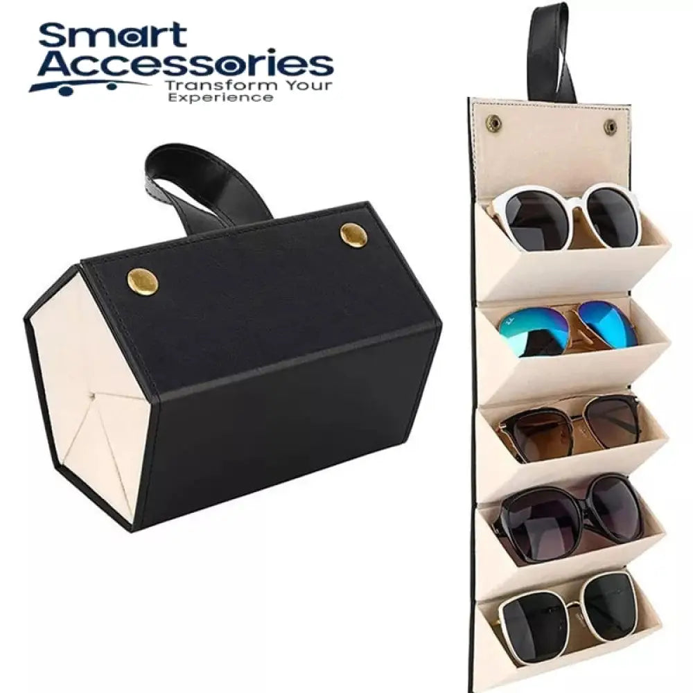 5-Slot Travel Foldable Sunglasses Organizer- Leather Hanging Eyeglasses Case