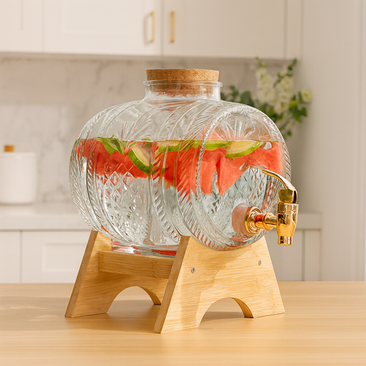 Barrel Shape Glass Water Dispenser with Bamboo Stand