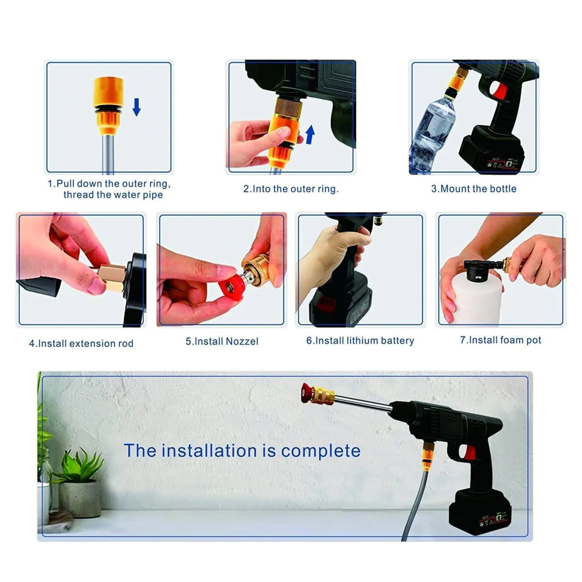 48V Cordless High Pressure Washer Gun – Rechargeable, Portable for Car, Bike & Solar Cleaning