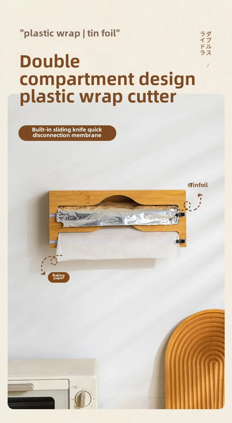 Kitchen 3 In 1 Bamboo Arc Wrap Dispenser Storage For Aluminum Foil With Cutter Cling Film Holder Kitchen Accessories Organizer