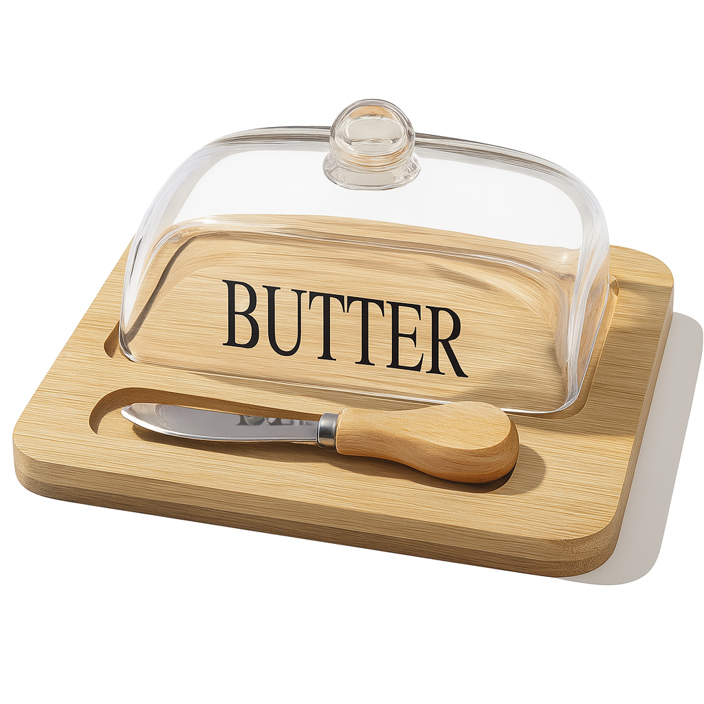 Glass Butter Dish with Bamboo Base and Wooden Knife