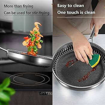 Stainless Steel Honey-Comb Laser Coated Frying Pan With  Heavy Base