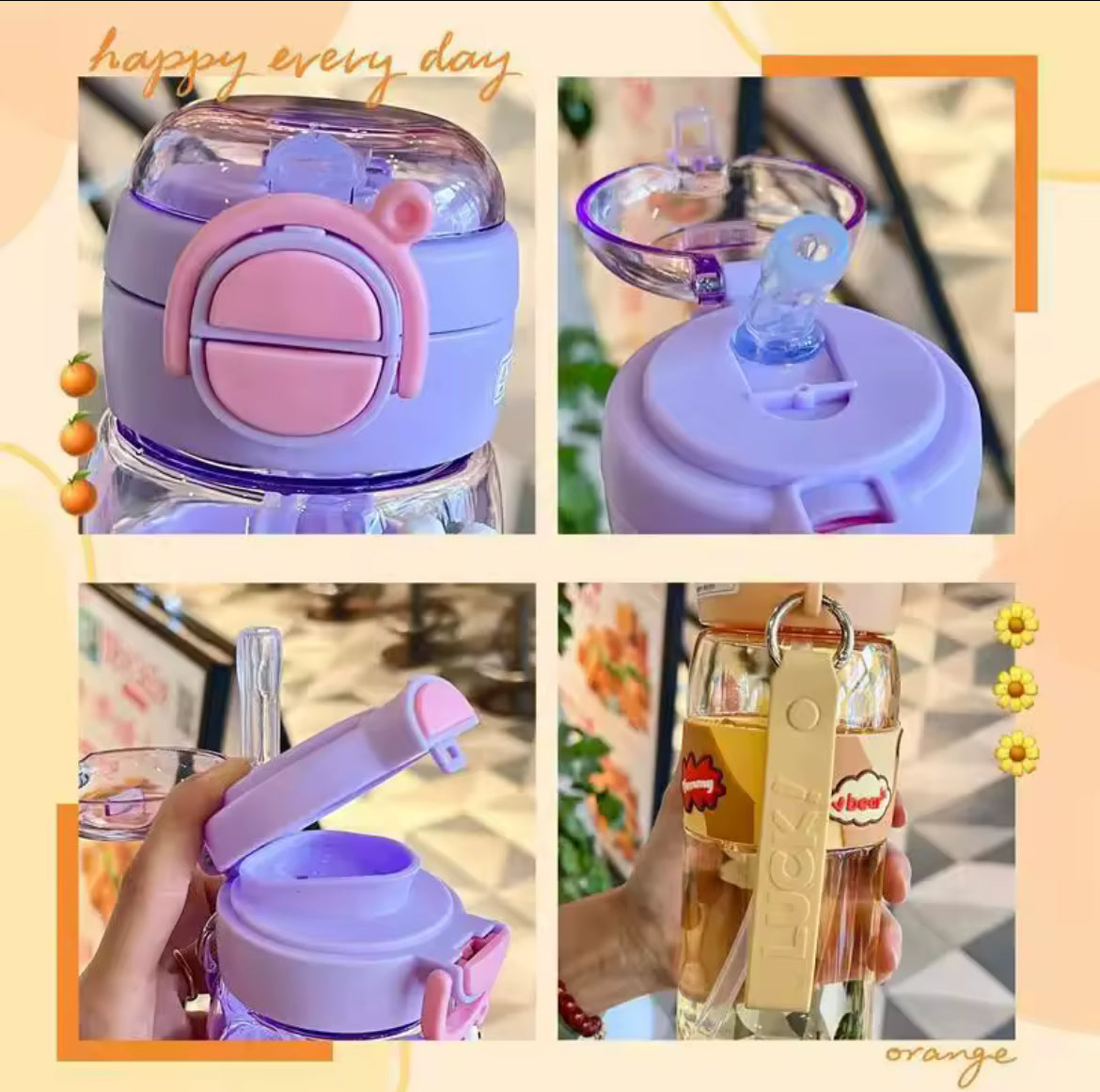 600ml School Cute Water Bottle with Straw for Kids Chilrdren Sports Outdoor Cup