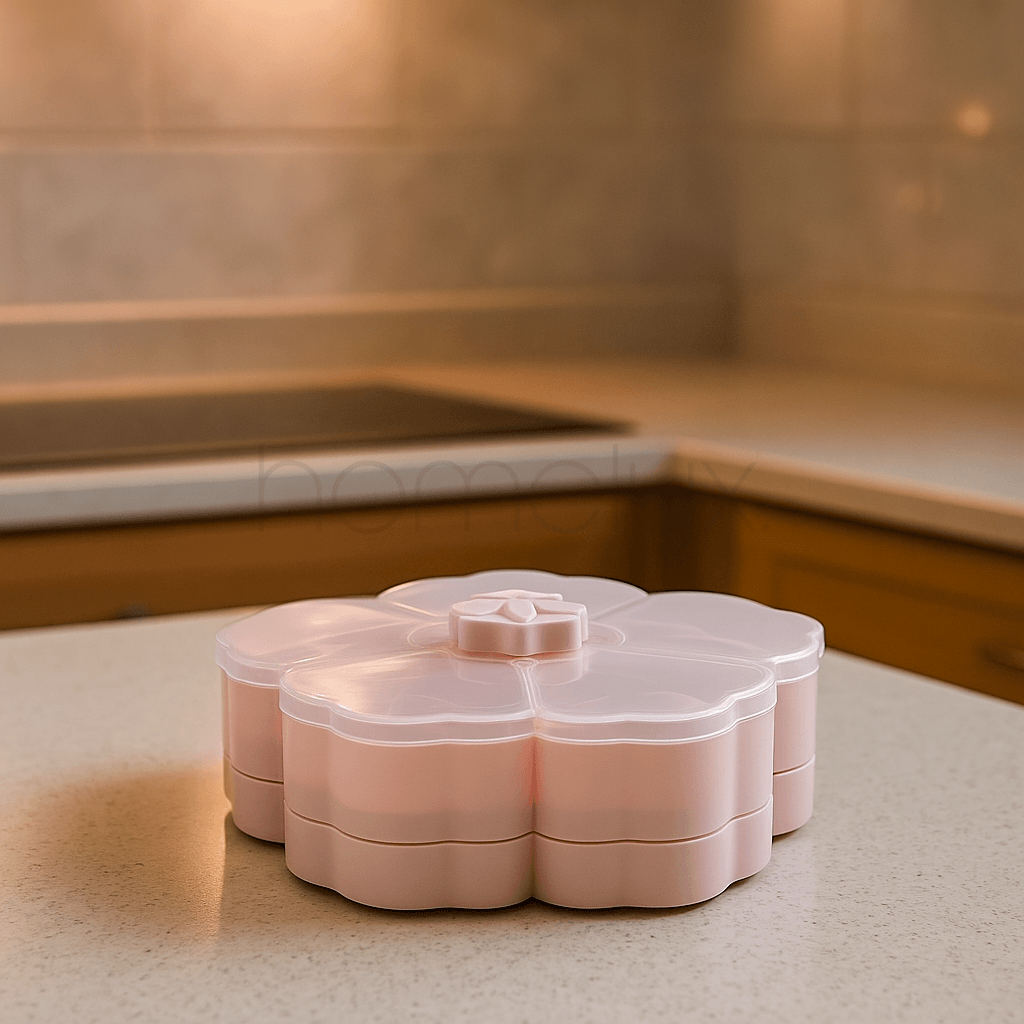 Pink Flower-Shaped Multi-Layer Rotating Snack & Condiment Box