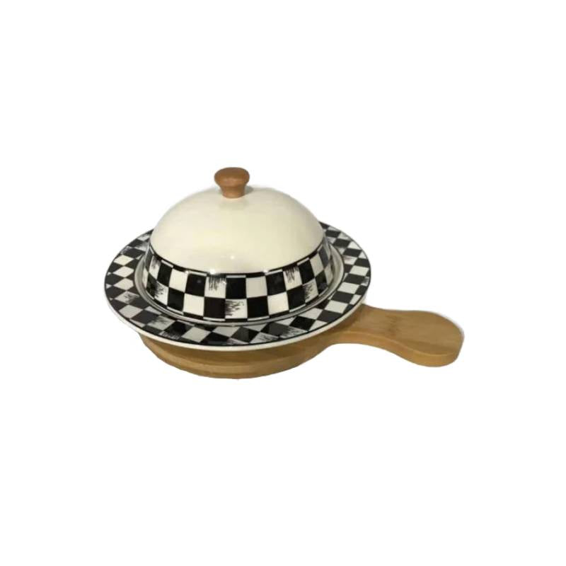 Ceramic Checkered Serving Dish With Bamboo Liner